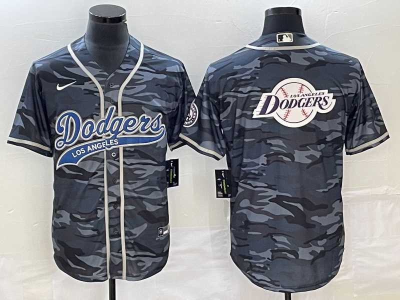 Mens Los Angeles Dodgers Gray Camo Team Big Logo Cool Base With Patch Stitched Baseball Jersey